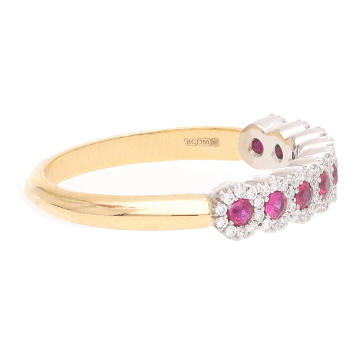 Ruby and Diamond Cluster 18ct Yellow and White Gold Half Eternity Ring - Michael Jones Jeweller