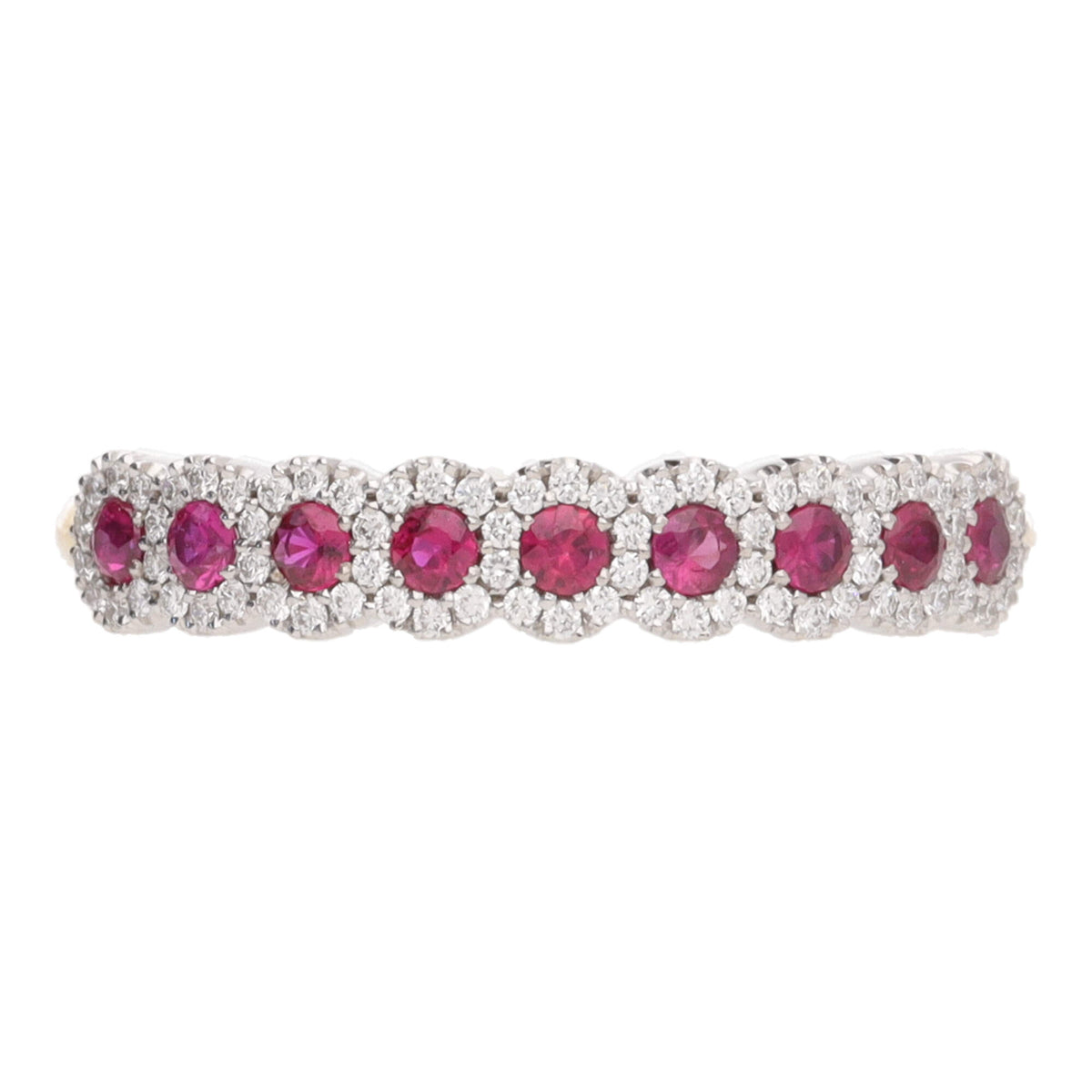 Ruby and Diamond Cluster 18ct Yellow and White Gold Half Eternity Ring - Michael Jones Jeweller