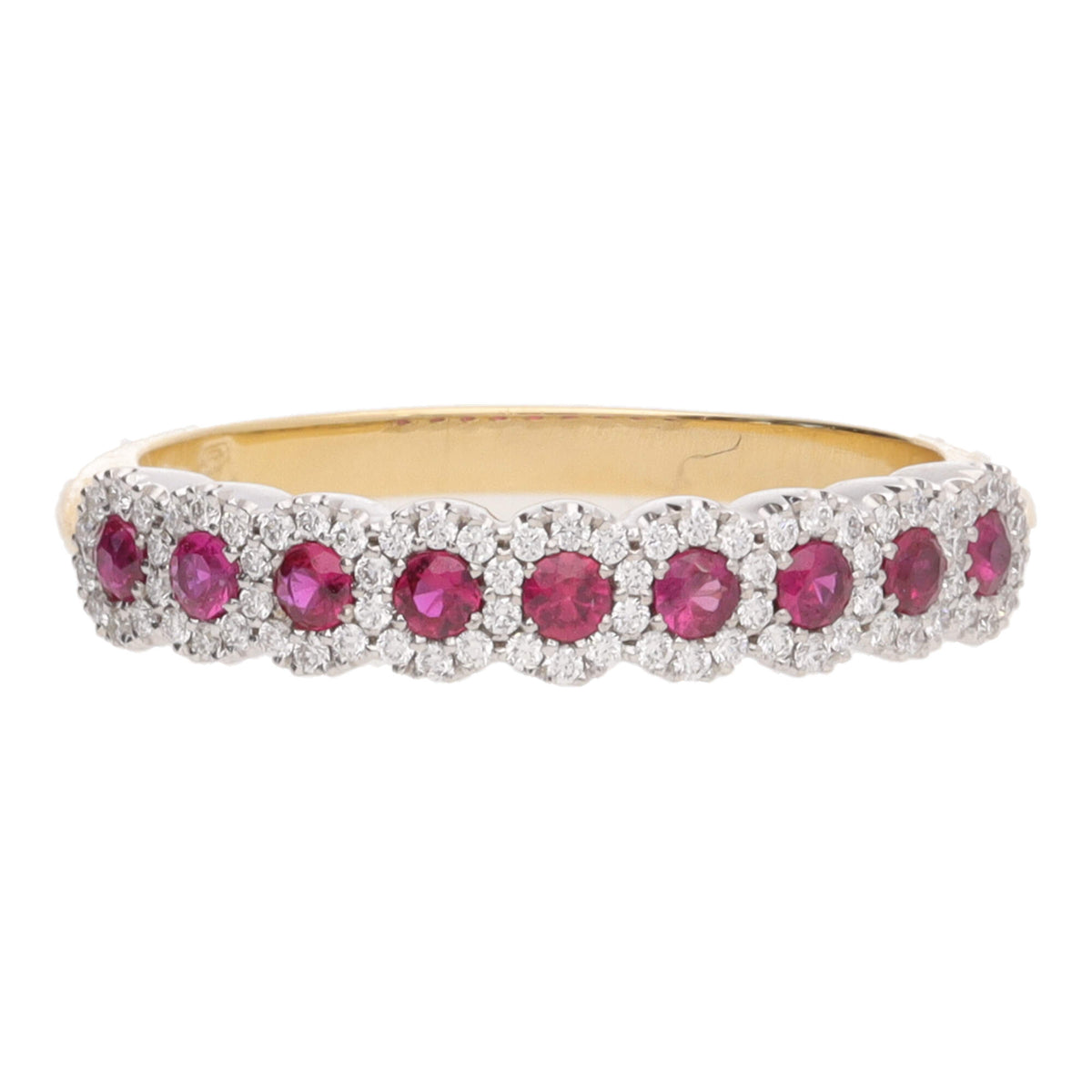 Ruby and Diamond Cluster 18ct Yellow and White Gold Half Eternity Ring - Michael Jones Jeweller