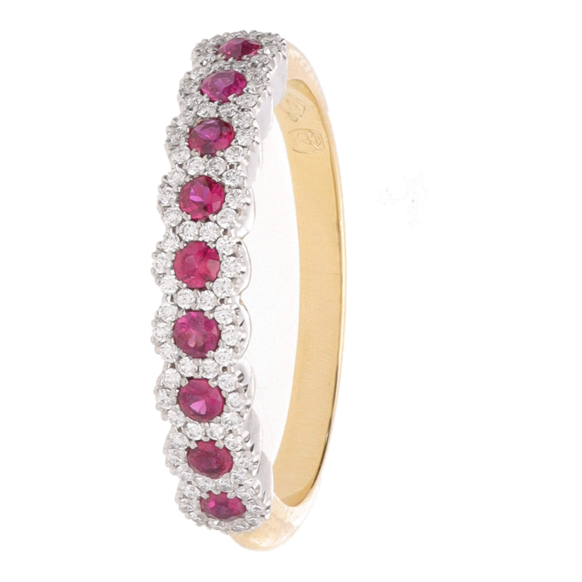 Ruby and Diamond Cluster 18ct Yellow and White Gold Half Eternity Ring - Michael Jones Jeweller