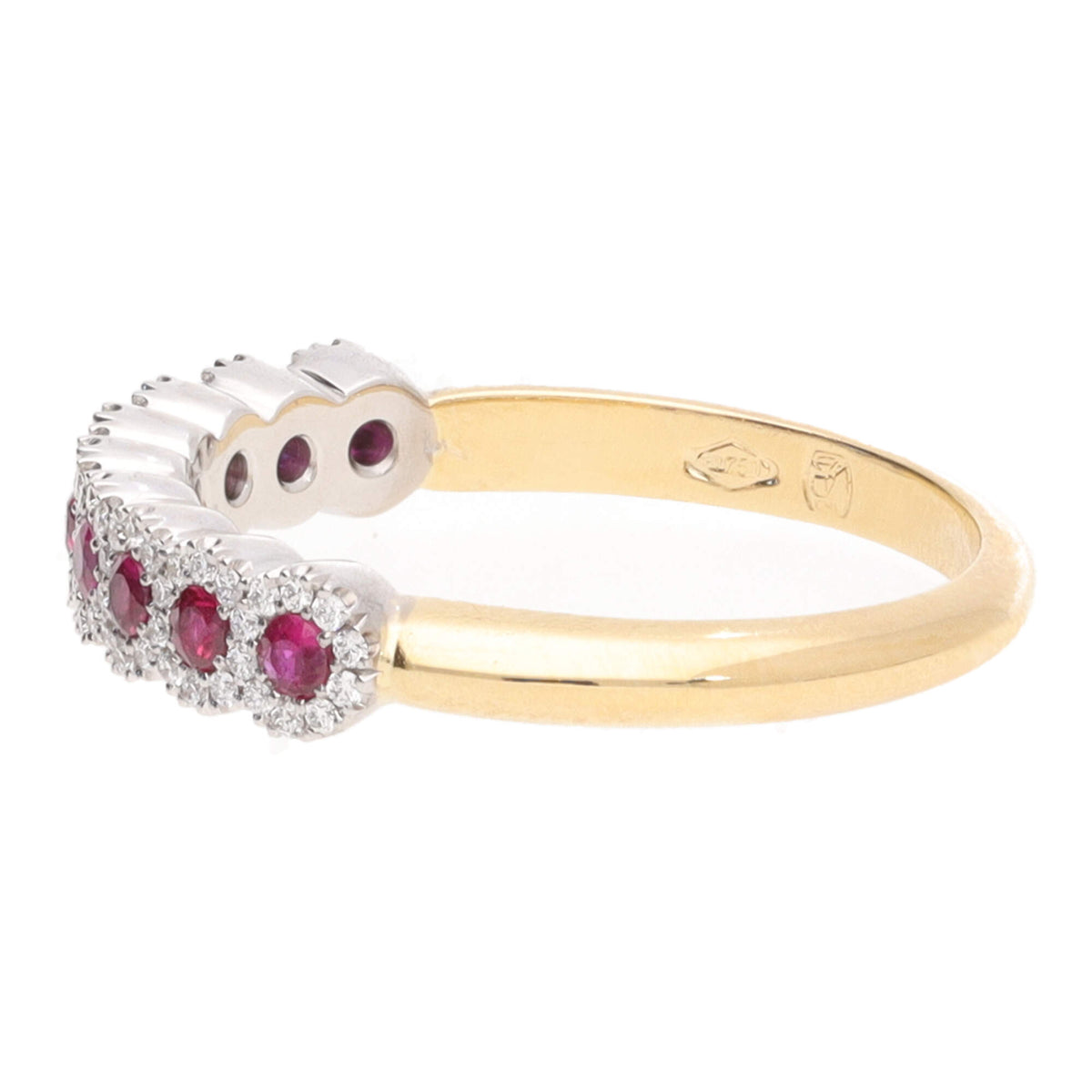 Ruby and Diamond Cluster 18ct Yellow and White Gold Half Eternity Ring - Michael Jones Jeweller