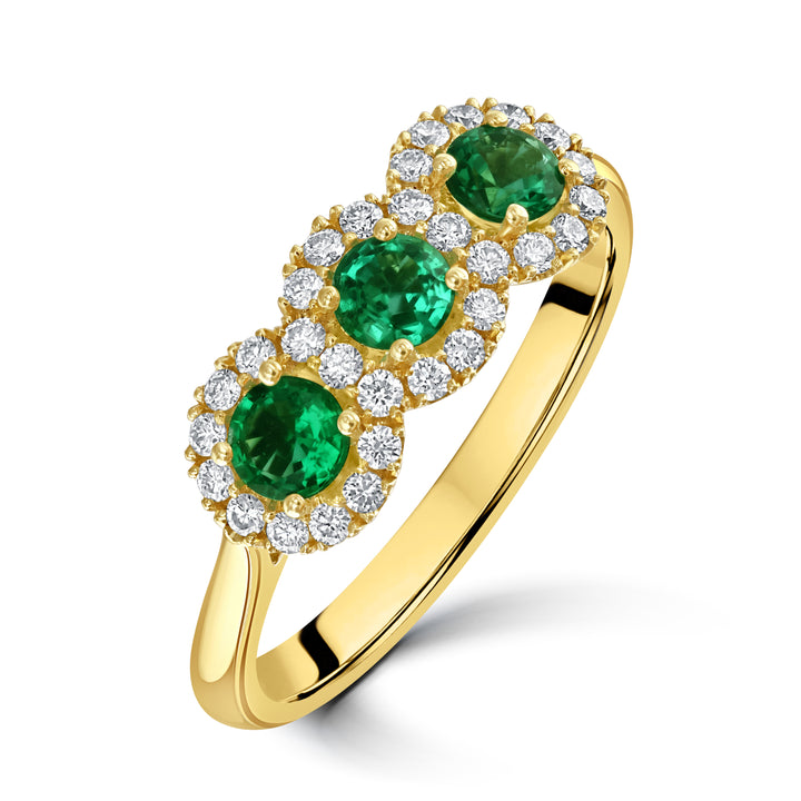 Emerald and Diamond 18ct Yellow Gold Three Stone Cluster Rng