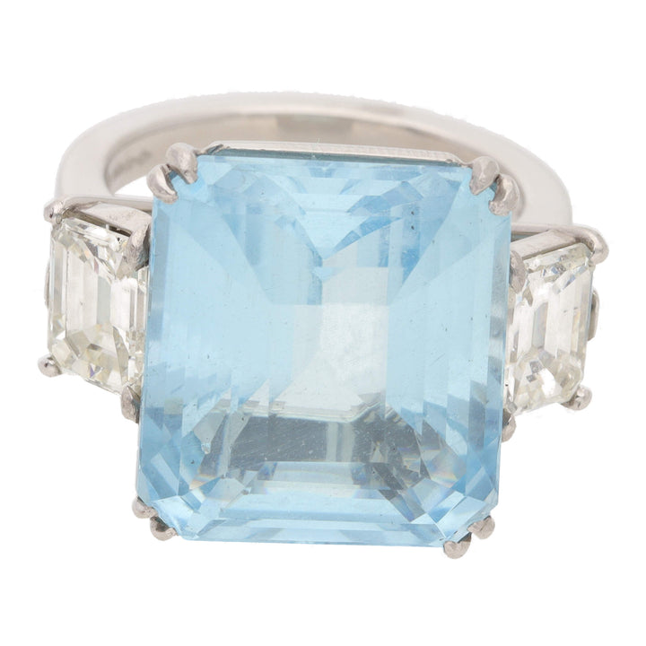 Aquamarine and Diamond Platinum Three Stone Ring