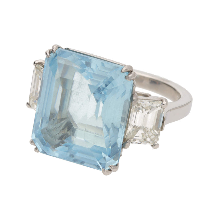 Aquamarine and Diamond Platinum Three Stone Ring