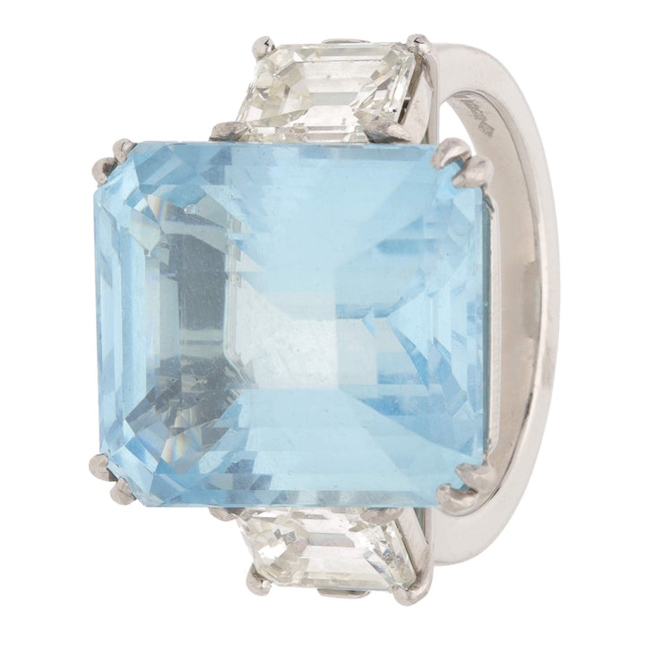 Aquamarine and Diamond Platinum Three Stone Ring