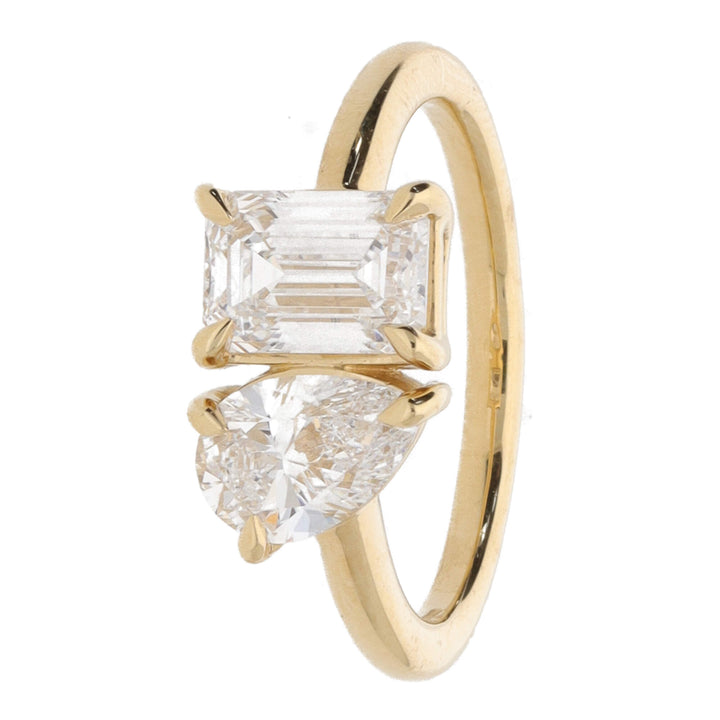 Laboritory Grown Toi et Moi 2.10ct Pear and Emerald Cut 18ct Yellow Gold Ring
