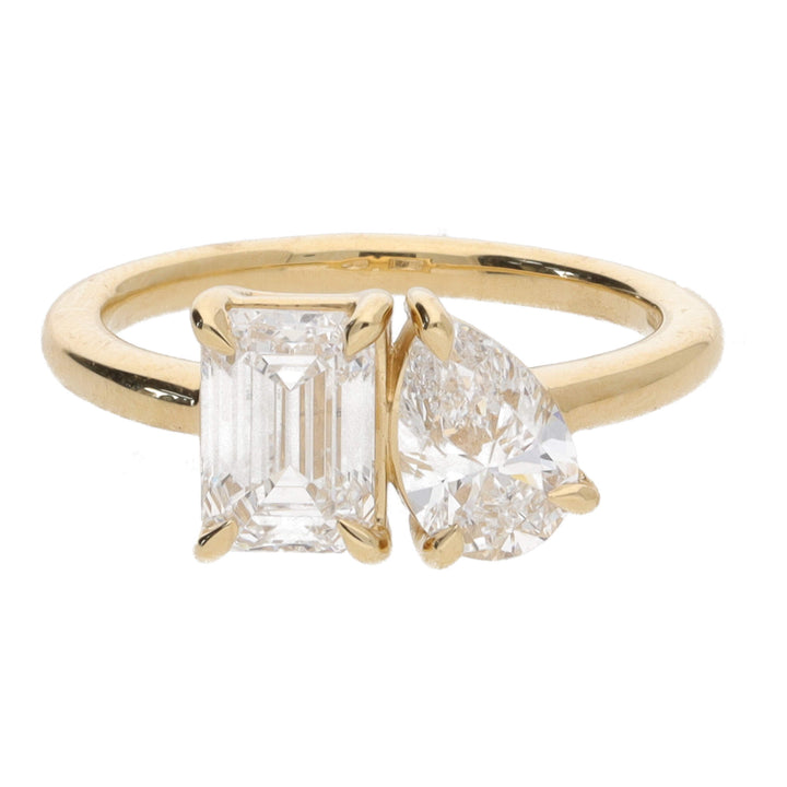 Laboritory Grown Toi et Moi 2.10ct Pear and Emerald Cut 18ct Yellow Gold Ring