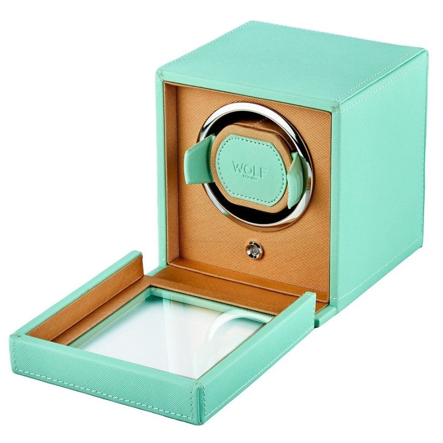 WOLF Cub Single Watch Winder with Cover Seltzer Mint/Peach - Michael Jones Jeweller