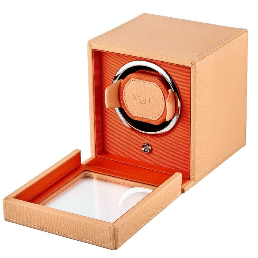 WOLF Cub Single Watch Winder with Cover Seltzer Peach/Orange - Michael Jones Jeweller