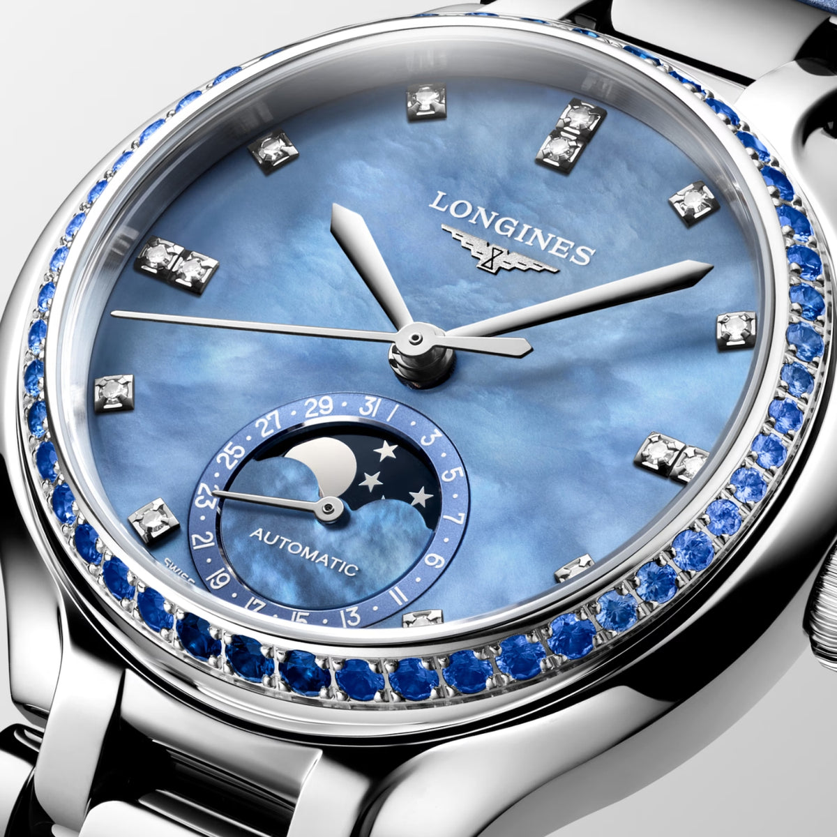 Longines PRIMALUNA MOONPHASE Sapphire 34mm Automatic Watch L81260972 - Michael Jones Jeweller