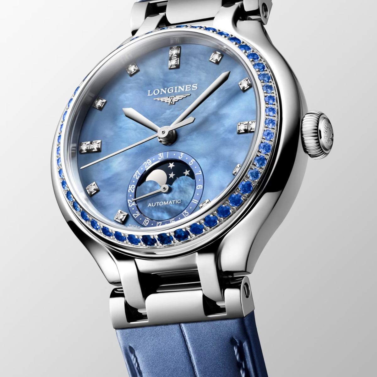 Longines PRIMALUNA MOONPHASE Sapphire 34mm Automatic Watch L81260972 - Michael Jones Jeweller
