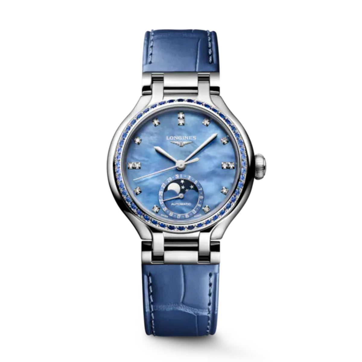 Longines PRIMALUNA MOONPHASE Sapphire 34mm Automatic Watch L81260972 - Michael Jones Jeweller
