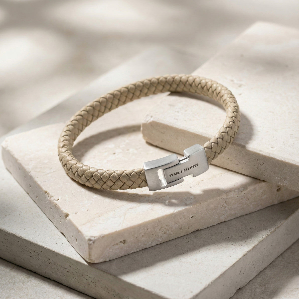 Steel and Barnett Archie Ecru Braided Leather Men's Bracelet - Medium - Michael Jones Jeweller