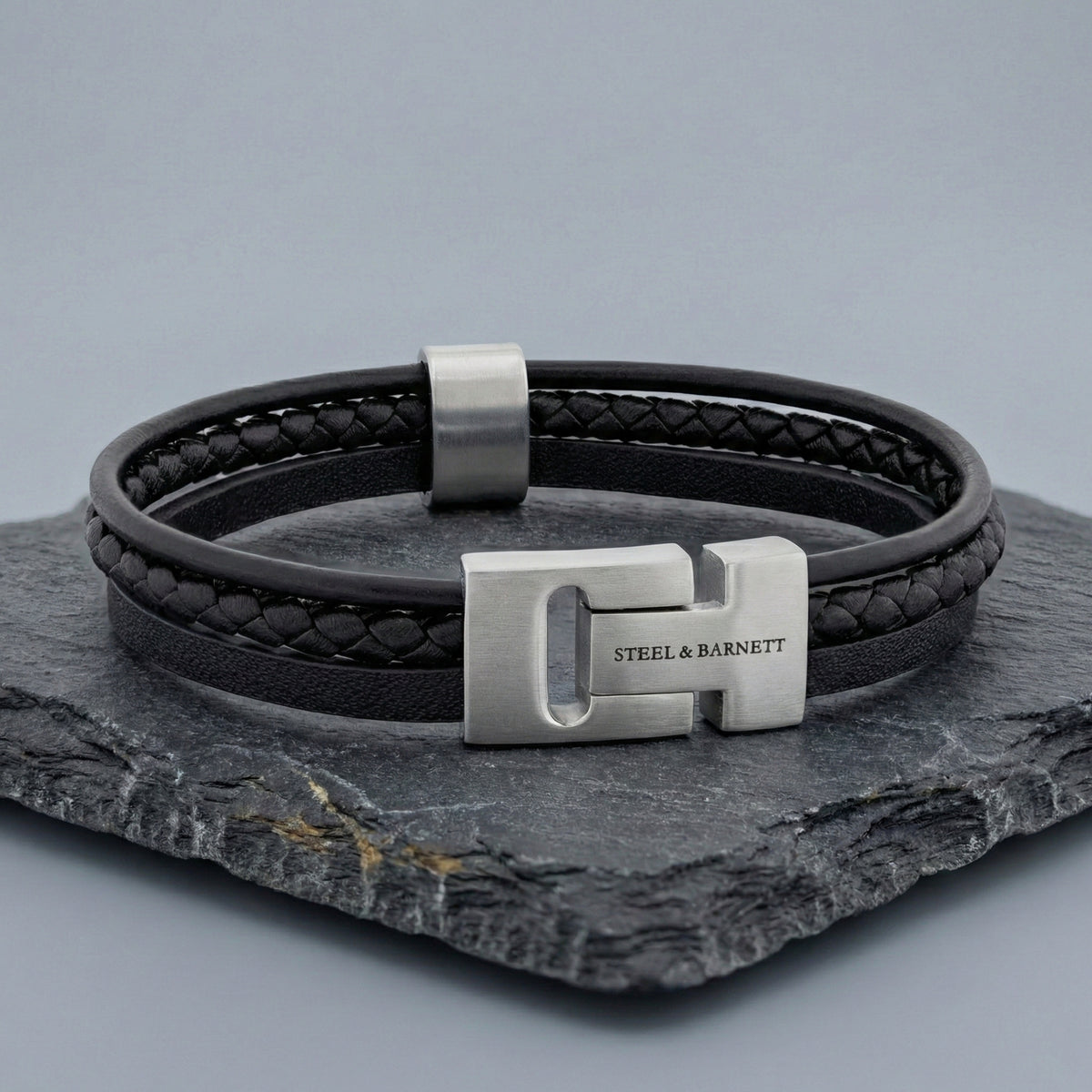 Steel and Barnett Cole Multi Strand Black Leather Men's Bracelet - Medium - Michael Jones Jeweller