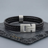 Steel and Barnett Cole Multi Strand Black Leather Men's Bracelet - Medium