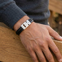 Steel and Barnett Cole Multi Strand Black Leather Men's Bracelet - Small