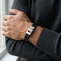 Steel and Barnett Cole Multi Strand Black Leather Men's Bracelet - Small