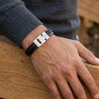 Steel and Barnett Cole Multi Strand Black Leather Men's Bracelet - Medium