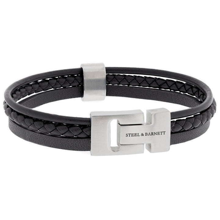 Steel and Barnett Cole Multi Strand Black Leather Men's Bracelet - Medium