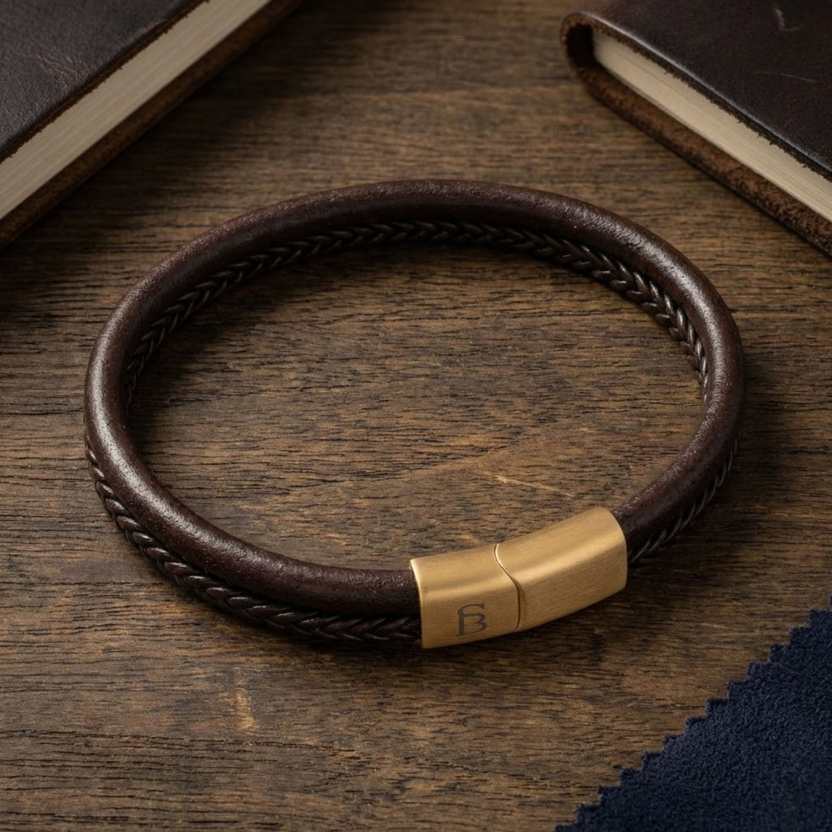 Steel and Barnett Grady Duel Strand Brown Leather Men's Bracelet with a Plated 18ct Gold Clasp - Medium - Michael Jones Jeweller