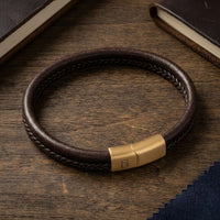 Steel and Barnett Grady Duel Strand Brown Leather Men's Bracelet with a Plated 18ct Gold Clasp - Medium