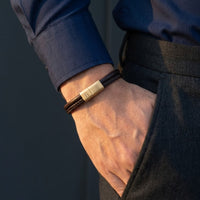 Steel and Barnett Grady Duel Strand Brown Leather Men's Bracelet with a Plated 18ct Gold Clasp - Medium