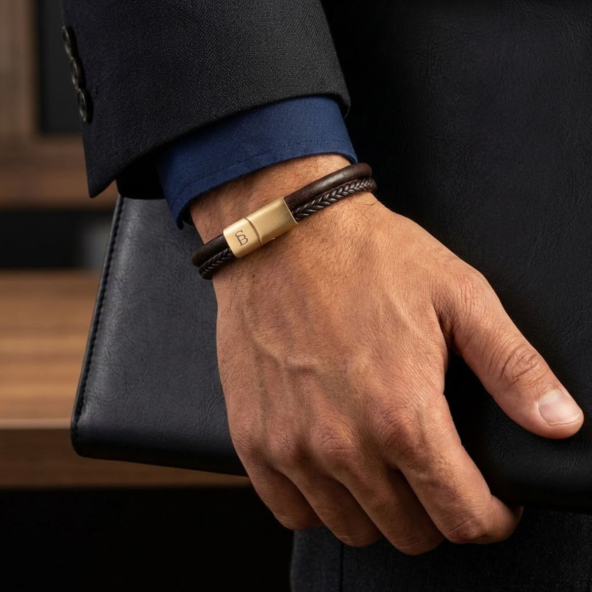 Steel and Barnett Grady Duel Strand Brown Leather Men's Bracelet with a Plated 18ct Gold Clasp - Medium - Michael Jones Jeweller