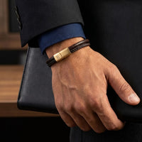 Steel and Barnett Grady Duel Strand Brown Leather Men's Bracelet with a Plated 18ct Gold Clasp - Medium