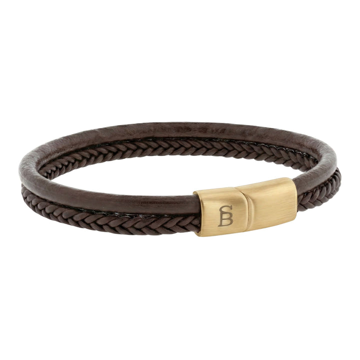 Steel and Barnett Grady Duel Strand Brown Leather Men's Bracelet with a Plated 18ct Gold Clasp - Medium
