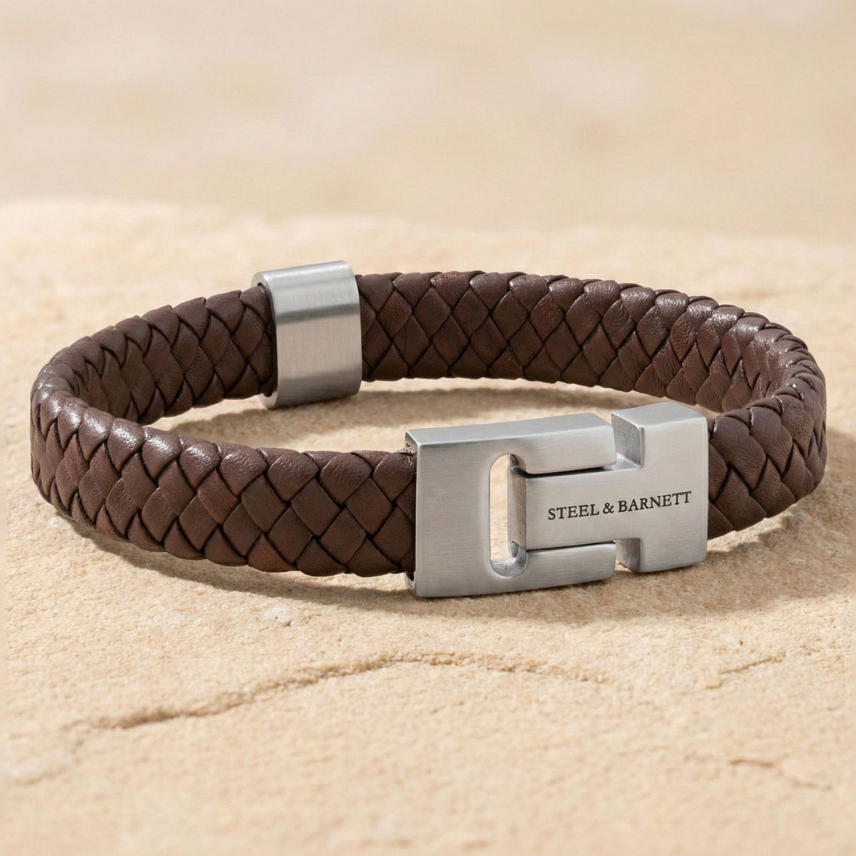 Steel and Barnett Harrison Thick Braided Brown Leather Men's Bracelet  - Medium - Michael Jones Jeweller