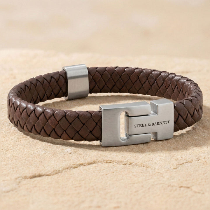 Steel and Barnett Harrison Thick Braided Brown Leather Men's Bracelet  - Medium