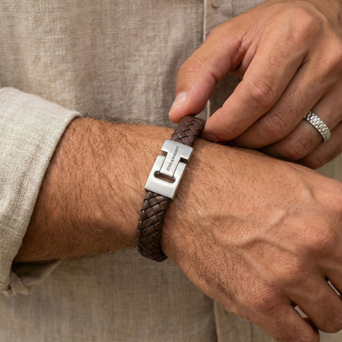 Steel and Barnett Harrison Thick Braided Brown Leather Men's Bracelet  - Medium - Michael Jones Jeweller