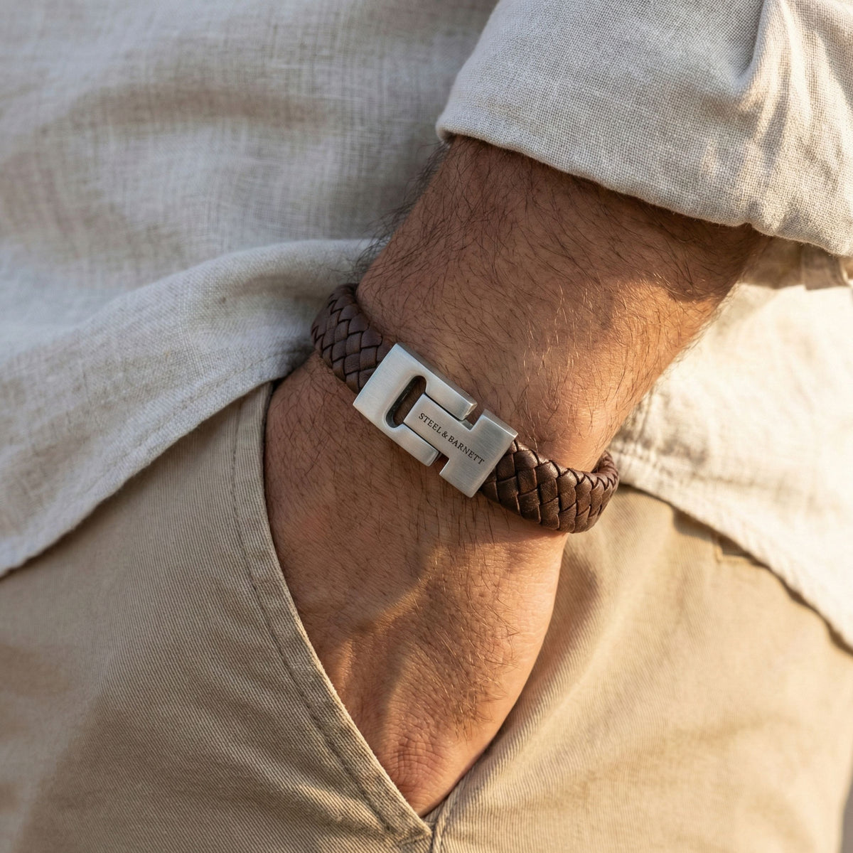 Steel and Barnett Harrison Thick Braided Brown Leather Men's Bracelet  - Medium - Michael Jones Jeweller