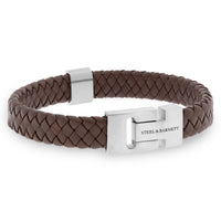 Steel and Barnett Harrison Thick Braided Brown Leather Men's Bracelet  - Medium
