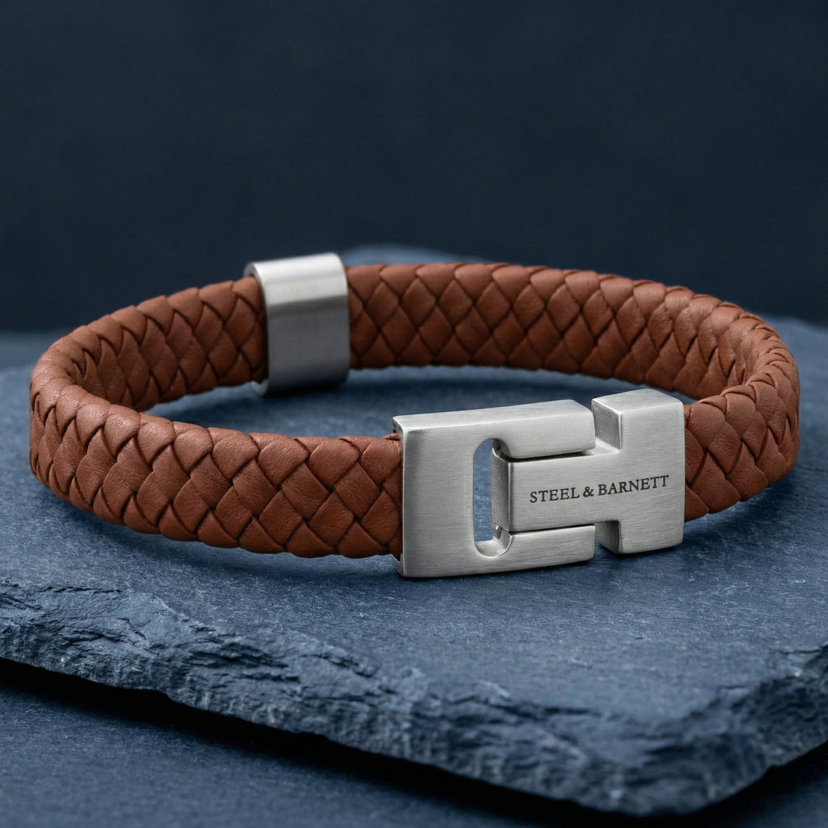 Steel and Barnett Harrison Thick Braided Peanut Leather Men's Bracelet  - Medium - Michael Jones Jeweller