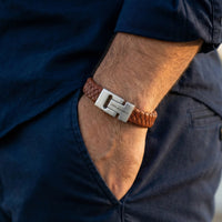 Steel and Barnett Harrison Thick Braided Peanut Leather Men's Bracelet  - Small - Michael Jones Jeweller