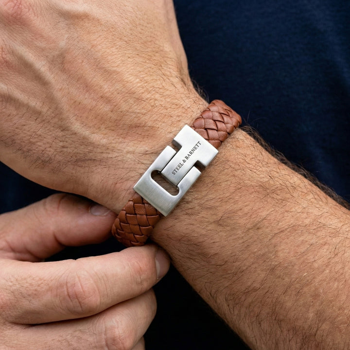 Steel and Barnett Harrison Thick Braided Peanut Leather Men's Bracelet  - Medium