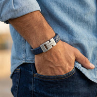 Steel and Barnett Harrison Thick Braided Blue Leather Men's Bracelet - Small