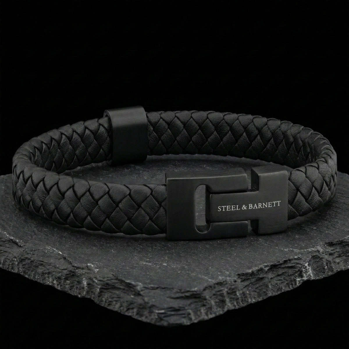 Steel and Barnett Harrison Thick Braided Black Leather Black Clasp Men's Bracelet - Small - Michael Jones Jeweller
