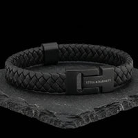 Steel and Barnett Harrison Thick Braided Black Leather Black Clasp Men's Bracelet - Small
