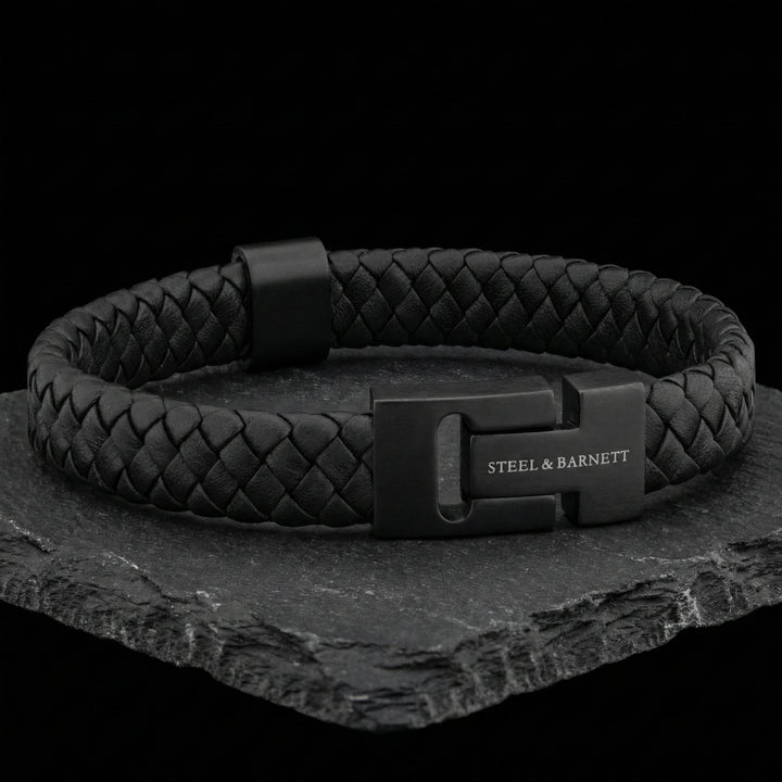 Steel and Barnett Harrison Thick Braided Black Leather Black Clasp Men's Bracelet - Medium