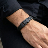 Steel and Barnett Harrison Thick Braided Black Leather Black Clasp Men's Bracelet - Small