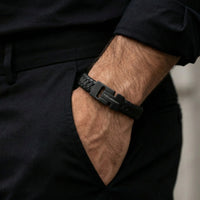 Steel and Barnett Harrison Thick Braided Black Leather Black Clasp Men's Bracelet - Small