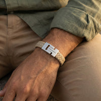 Steel and Barnett Harrison Thick Braided Ecru Leather Men's Bracelet - Small