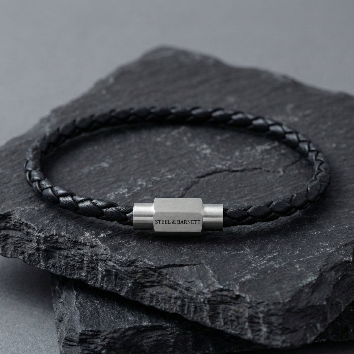 Steel and Barnett Luke Landon Thin Braided Black Leather Men's Bracelet - Small - Michael Jones Jeweller