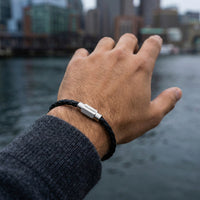 Steel and Barnett Luke Landon Thin Braided Black Leather Men's Bracelet - Medium