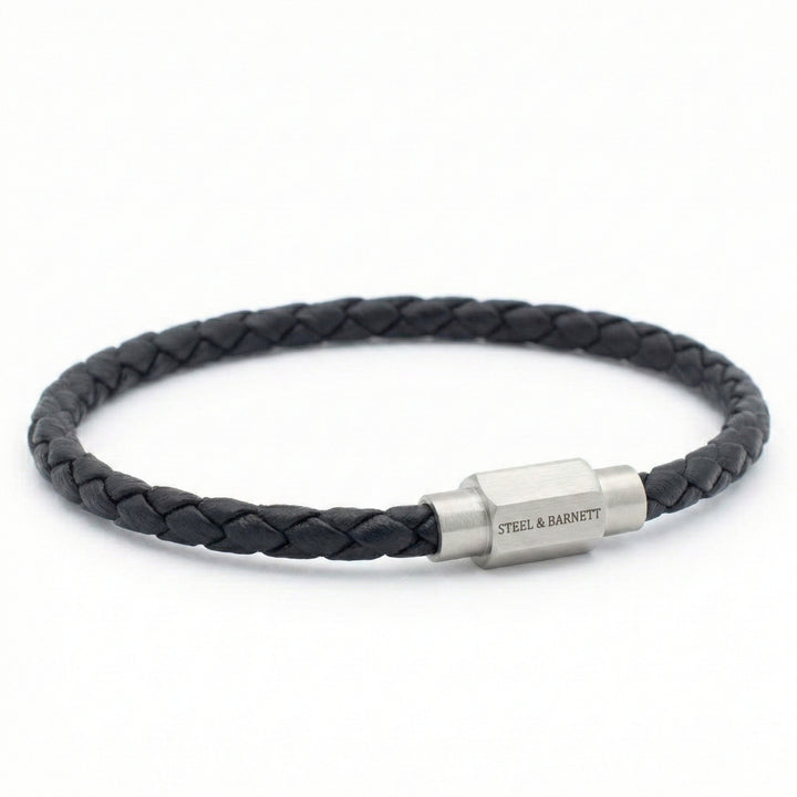 Steel and Barnett Luke Landon Thin Braided Black Leather Men's Bracelet - Small