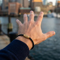 Steel and Barnett Luke Landon Thin Braided Black Leather Men's Bracelet with a Plated 18ct Yellow Clasp - Medium