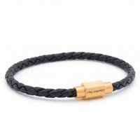 Steel and Barnett Luke Landon Thin Braided Black Leather Men's Bracelet with a Plated 18ct Yellow Clasp - Medium
