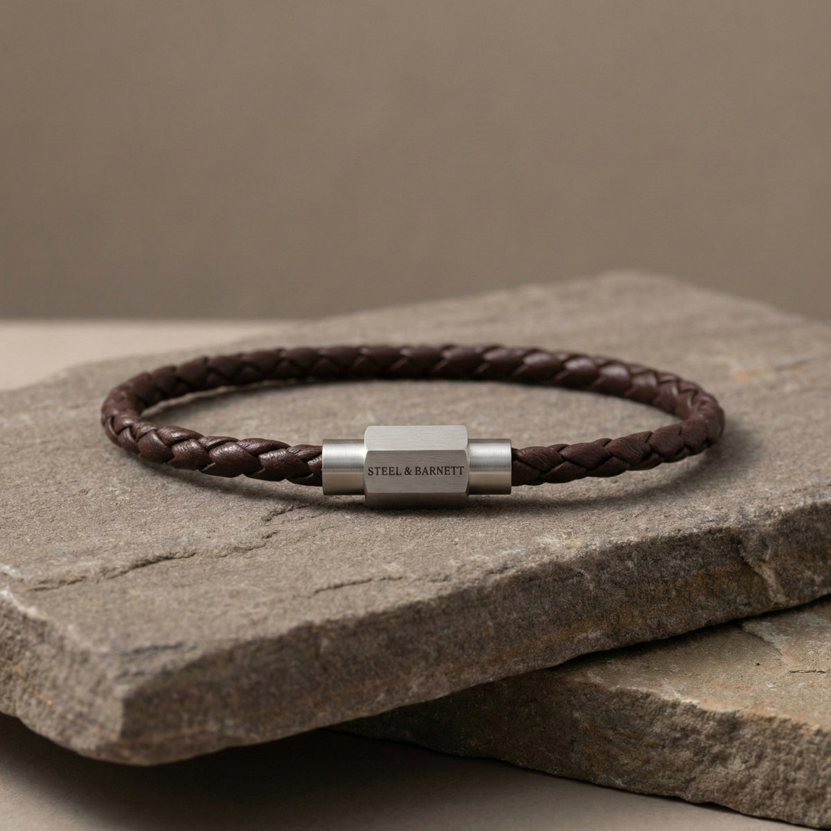 Steel and Barnett Luke Landon Thin Braided Brown Leather Men's Bracelet - Small - Michael Jones Jeweller